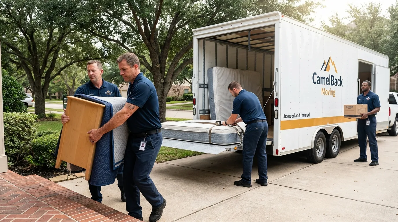 Crew loading residential truck for cross-state move from Whitehall, MI