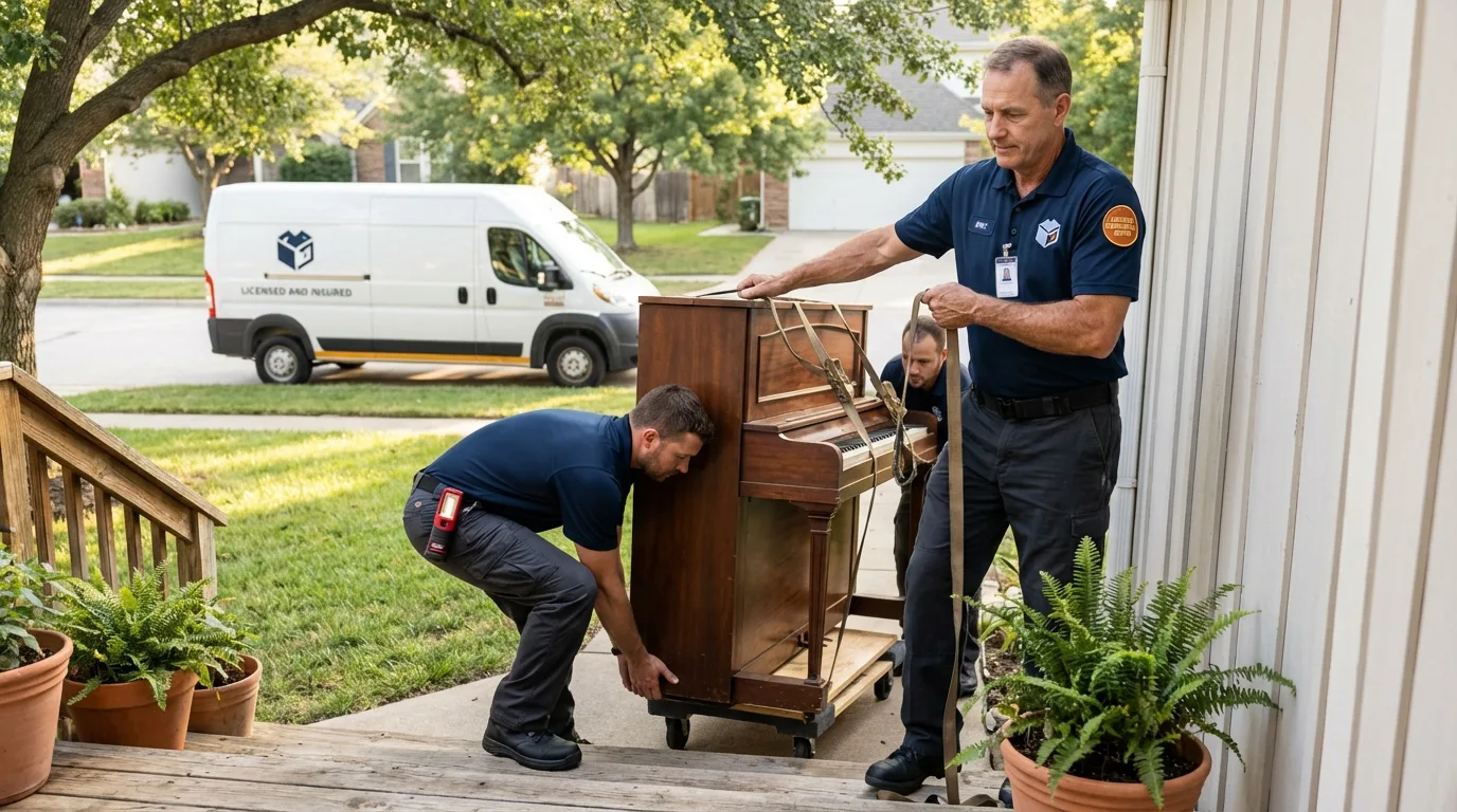Licensed piano movers securing grand piano in Whitehall, MI